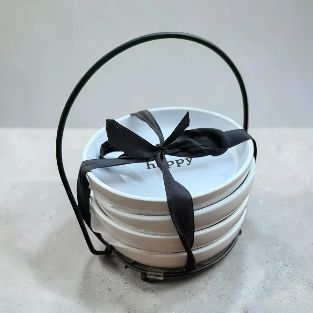 Set of 4 White Ceramic Appetizer Plates With Black Stand Happy Yum Tasty Enjoy